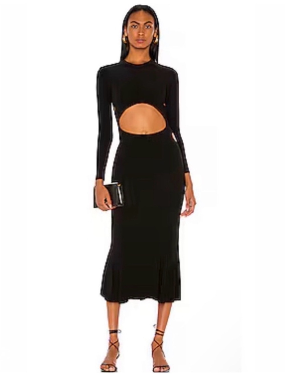 Norma Kamali Aztec Fishtail Black Long-Sleeve Cutout Midi Dress